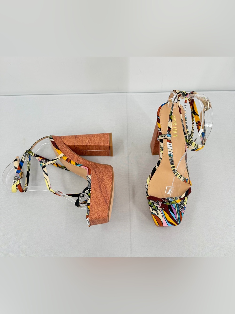 Resort Platform faux wood Block Heel Sandals Multicolor Vacation Heels 6.5 - Picture 5 of 13